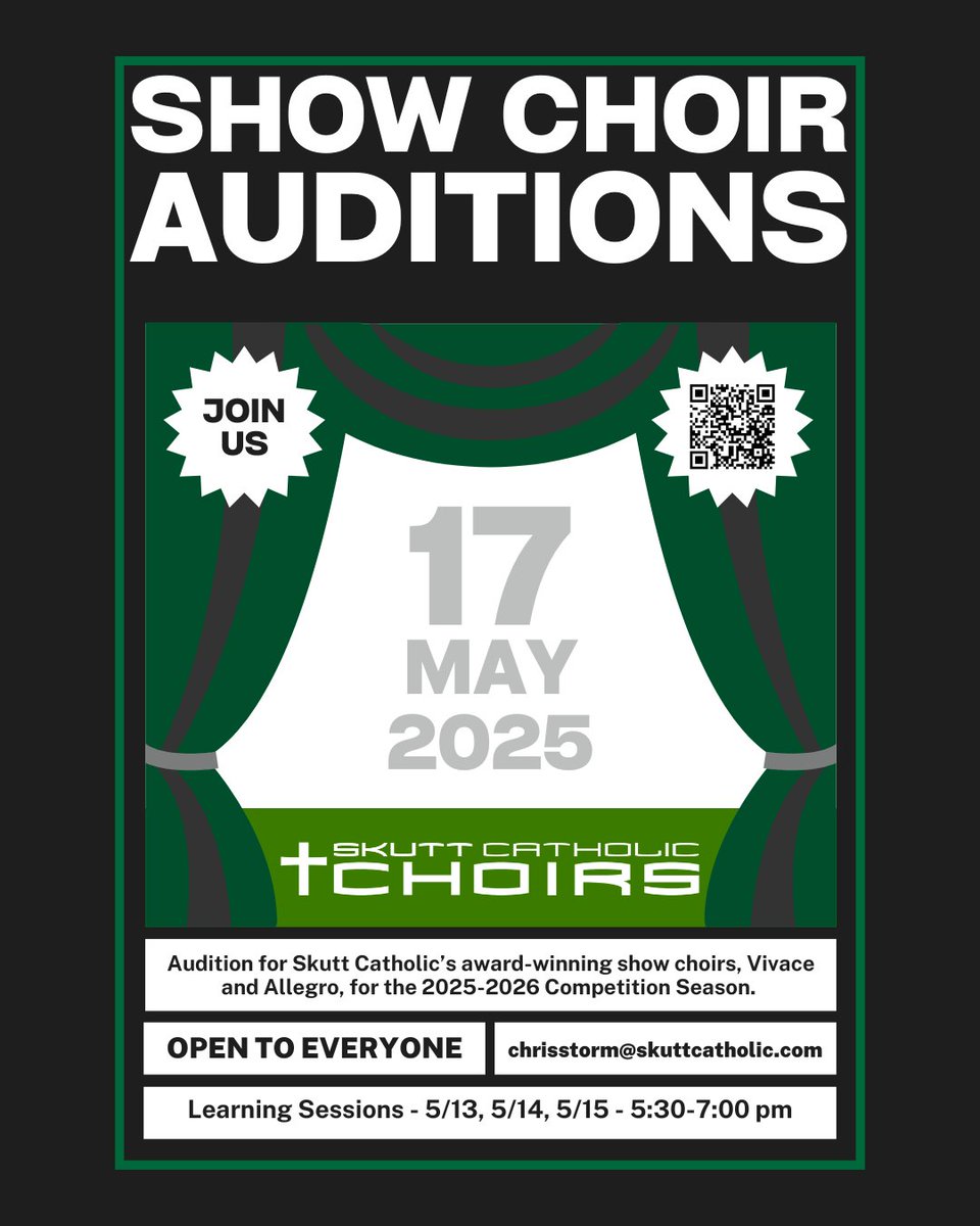 Auditions for our 2025-26 Skutt Catholic Show Choirs will be on Saturday, May 17th. Learning sessions will be held May 13-15th. Come see what all the fun is about - NO previous experience necessary!

signupgenius.com/go/4090F4CA4A9…