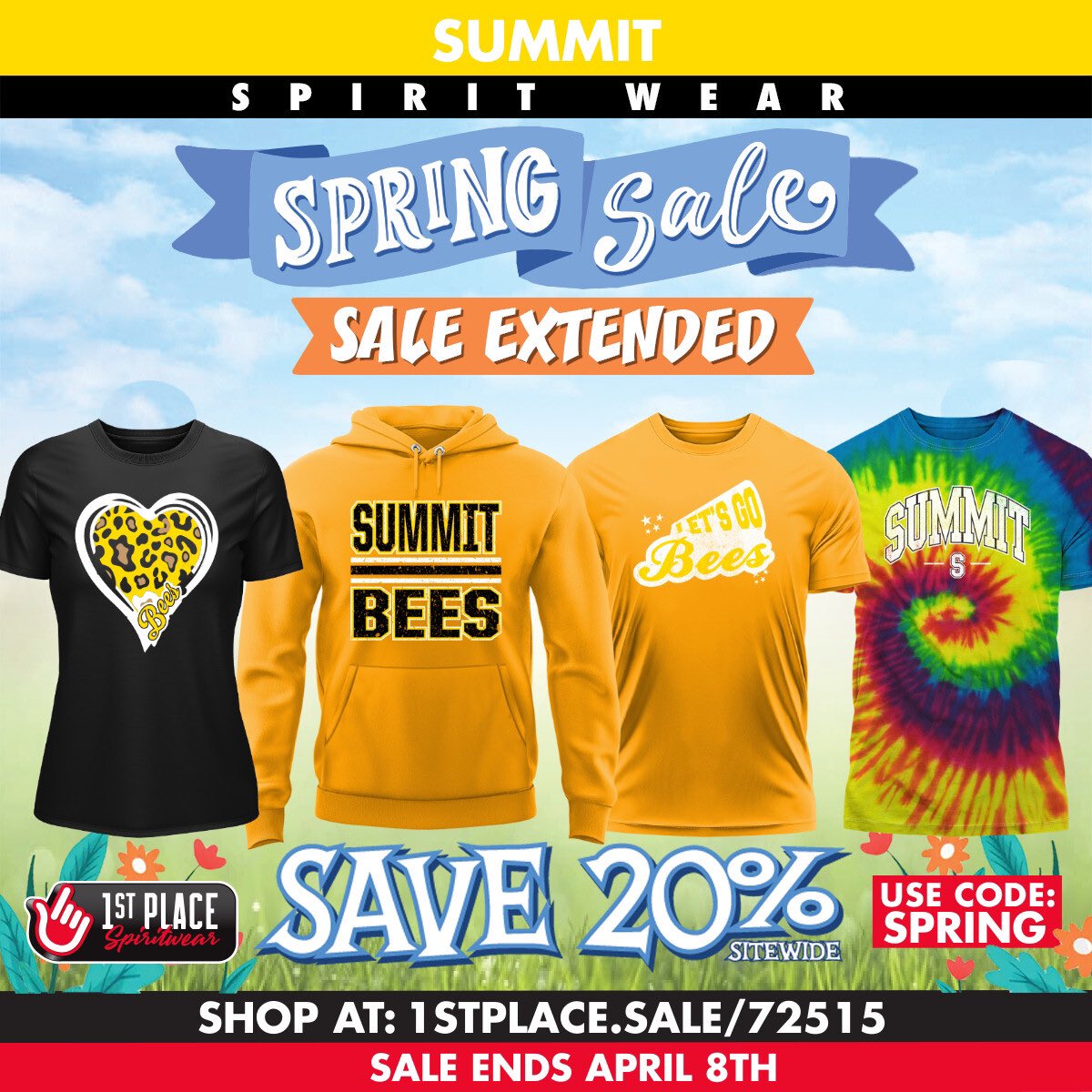 🐝 Parents... our Summit Spring Spirit Wear Sale has been extended! 
💰 Now save 20% off with code SPRING through April 8th! 
🛍️ Shop at 1stplace.sale/72515