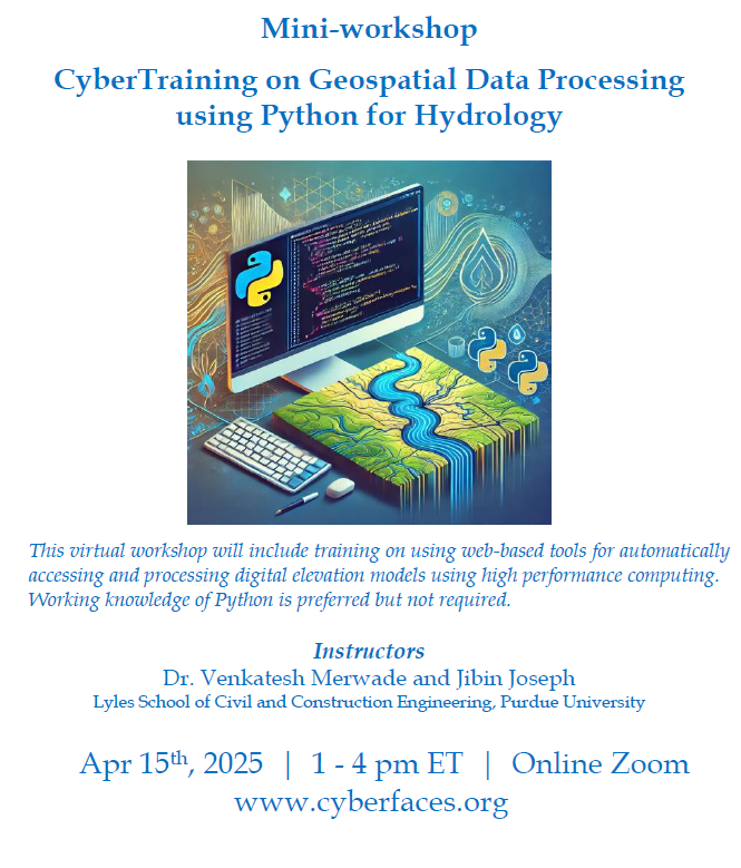 vmmerwade's tweet image. We are offering a virtual Mini-workshop on geospatial data processing using Python for Hydrology on April 15, at 1 PM US ET. US participants may be eligible for honorarium. Please see the flyer and the link below to submit your interest to join.
lnkd.in/gWGyPKGg