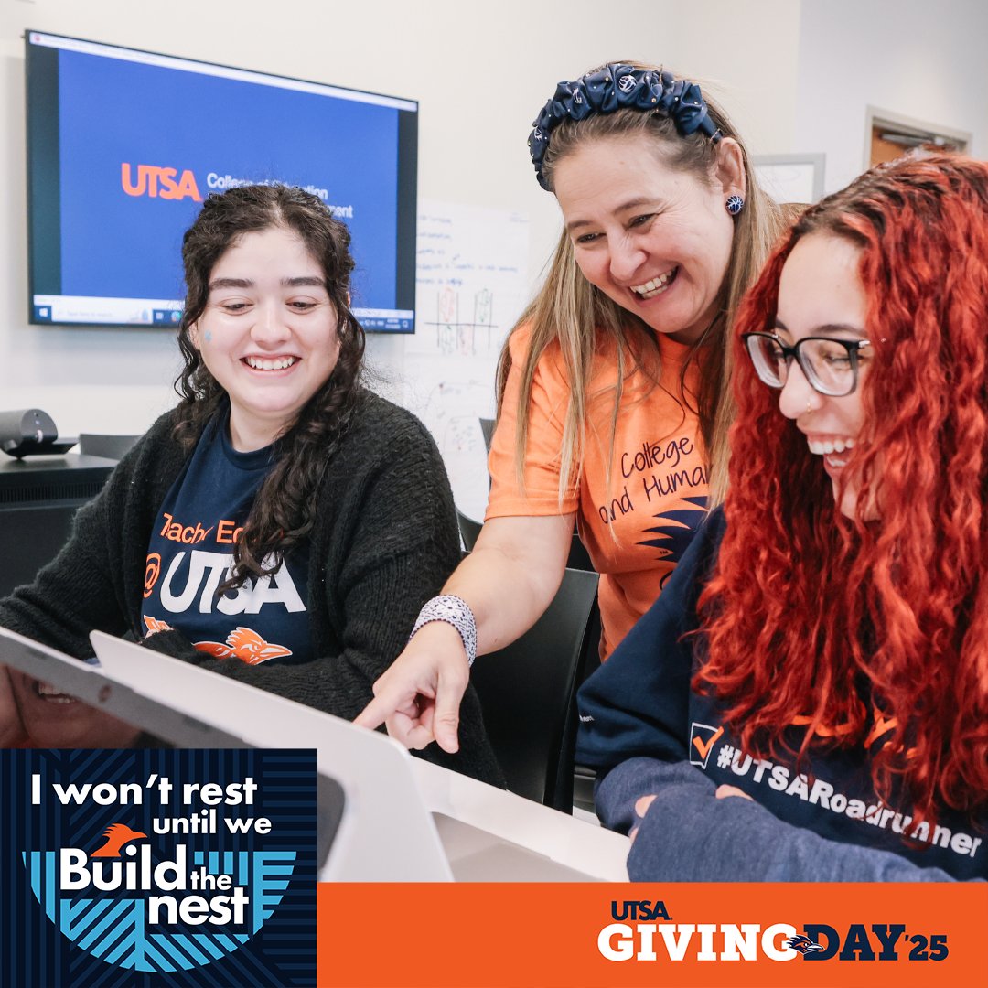 UTSA COEHD (@utsacoehd) on Twitter photo ๐๐จ ๐ซ๐๐ฌ๐ญ ๐ฎ๐ง๐ญ๐ข๐ฅ ๐ฐ๐ ๐๐ฎ๐ข๐ฅ๐ ๐ญ๐ก๐ ๐๐๐ฌ๐ญ!
It is the final day of UTSA Giving Day! Every gift helps strengthen our roadrunner community and create new opportunities for students.
Make a Gift: bit.ly/coehdgive โก๏ธgivingday.utsa.edu
#UTSA #BuildtheNest ๐๐จ ๐ซ๐๐ฌ๐ญ ๐ฎ๐ง๐ญ๐ข๐ฅ ๐ฐ๐ ๐๐ฎ๐ข๐ฅ๐ ๐ญ๐ก๐ ๐๐๐ฌ๐ญ!
It is the final day of UTSA Giving Day! Every gift helps strengthen our roadrunner community and create new opportunities for students.
Make a Gift: bit.ly/coehdgive โก๏ธgivingday.utsa.edu
#UTSA #BuildtheNest