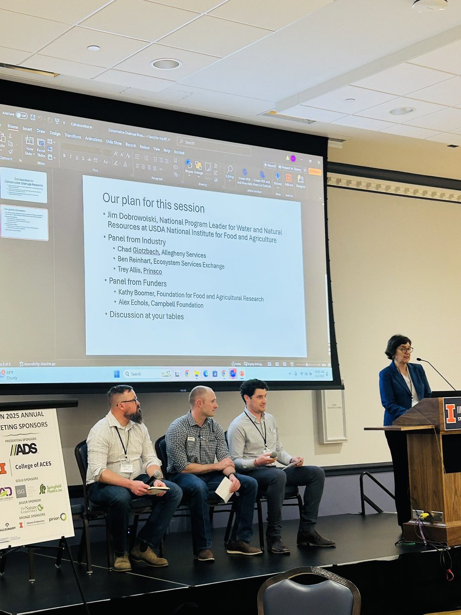 Importance of networks and collabs to connect water mgmt 👉🏻 to farm viability, soil health, water quality &amp; risk reduction. 

AMAZING work being done by #ConservationDrainage partners - prioritizing research partnerships, industry innovation and implementation to provide results