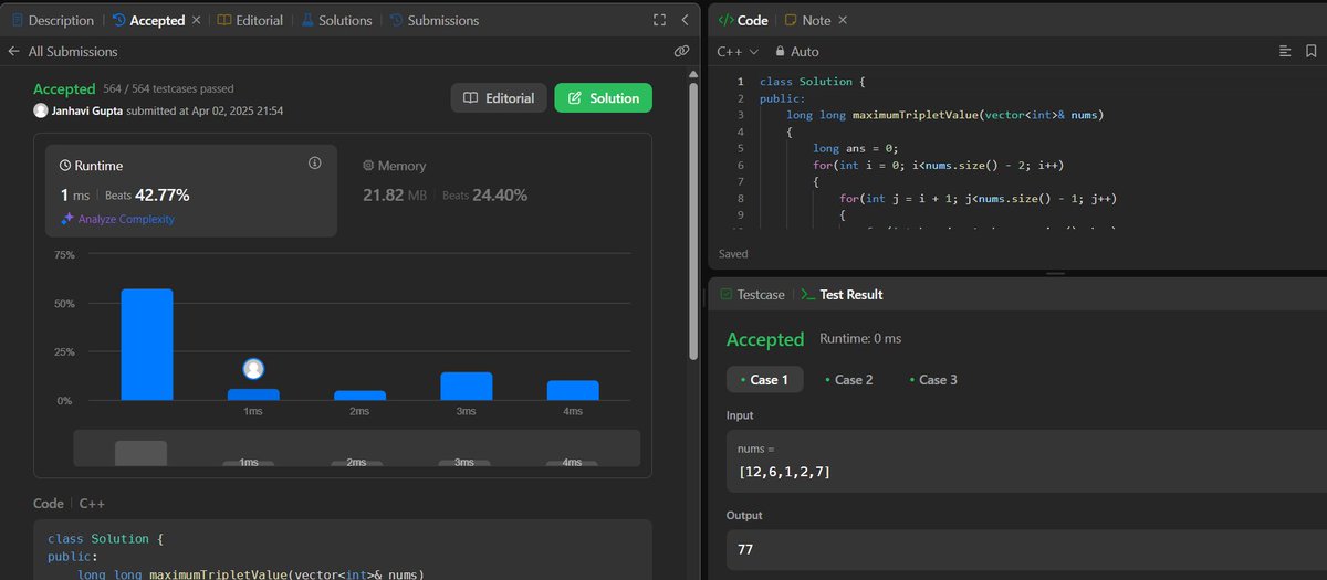janhavigupta08's tweet image. #Day285         #_100DaysOfCode
#100DayCodingChallenge

@LeetCode POTD [ 2873. Maximum Value of an Ordered Triplet I ]