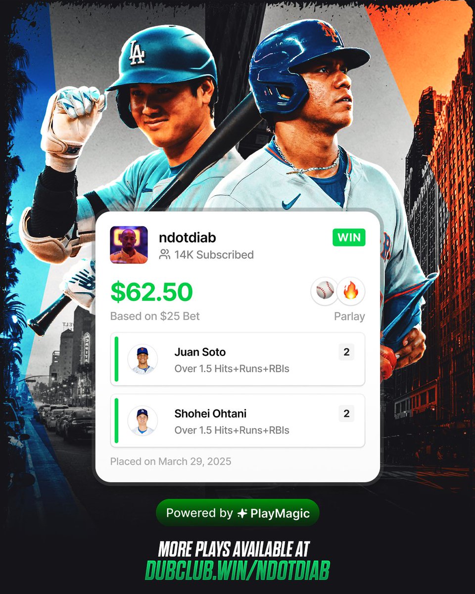 DubClub_win's tweet image. PlayMagic™ - @ndotdiab w/ the parlay on Ohtani + Soto 💸

🚨Like/RT to win $500 this week!