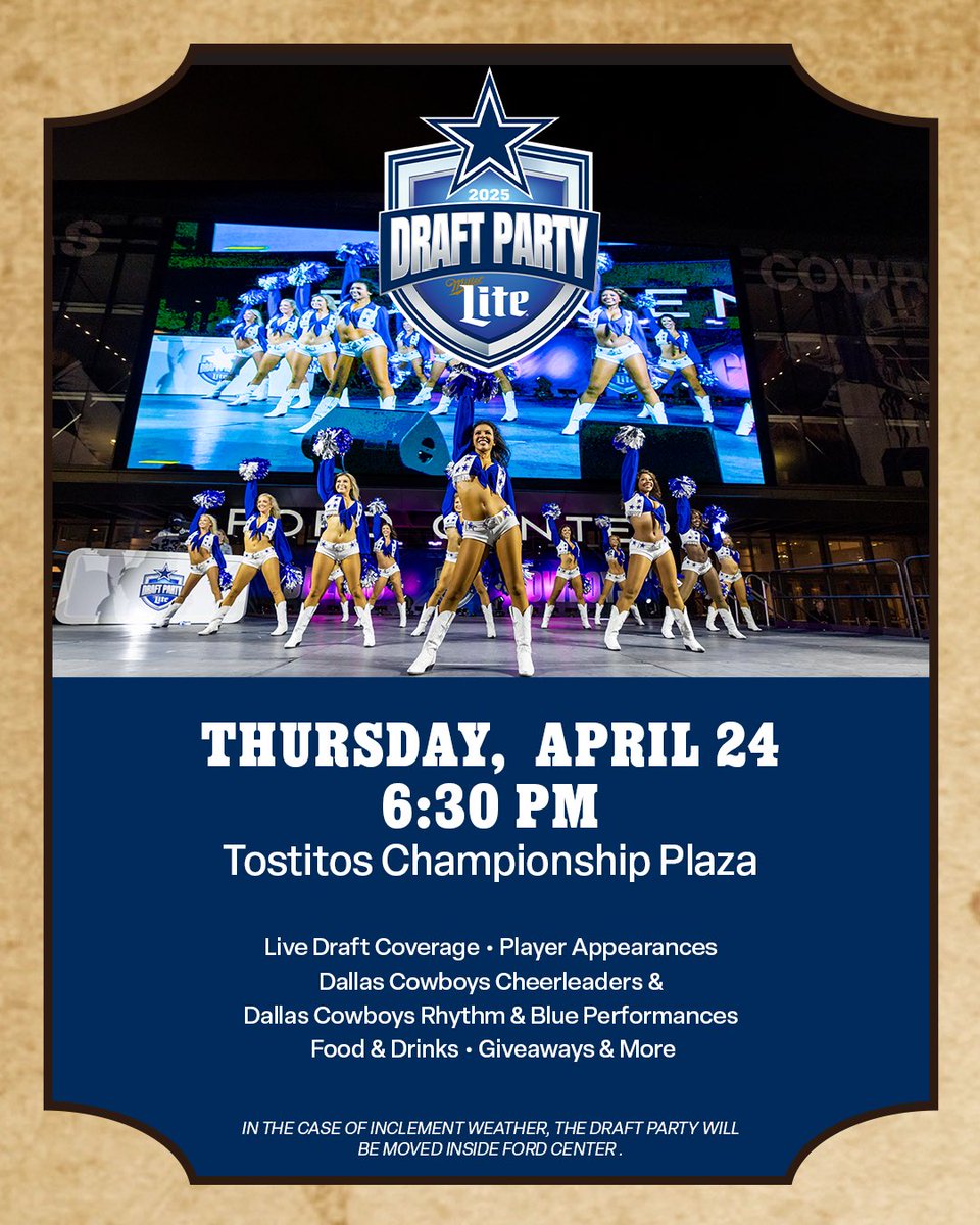 Dallas Cowboys Cheerleaders (@dccheerleaders) on Twitter photo Dallas, itβs time to celebrate! βοΈ The #CowboysDraft Party presented by <a href="/MillerLite/">Miller Lite</a> is back at <a href="/thestarinfrisco/">The Star In Frisco</a>!
Join us at Tostitos Championship Plaza on April 24 at 6:30PM and be part of the excitement! πβ£β£ Visit dallascowboys.com/draft for more details! Dallas, itβs time to celebrate! βοΈ The #CowboysDraft Party presented by <a href="/MillerLite/">Miller Lite</a> is back at <a href="/thestarinfrisco/">The Star In Frisco</a>!
Join us at Tostitos Championship Plaza on April 24 at 6:30PM and be part of the excitement! πβ£β£ Visit dallascowboys.com/draft for more details!