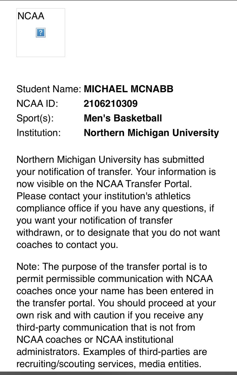 michaelmcnabb23's tweet image. Thankful to Coach Matt Majkrzak and staff for my time at Northern Michigan. With that being said I am officially entering the transfer portal with 3 years of eligibility remaining.