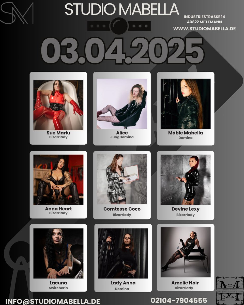 BDSM Studio Mabella (@mabellastudio) on Twitter photo Donnerstag ist der neue Freitag. Lass uns die Regeln brechen und genießen! 😈“ mit folgenden Ladies im <a href="/MabellaStudio/">BDSM Studio Mabella</a>
<a href="/SueMarlu/">Lady Sue Marlu</a> <a href="/LadyAnnaME/">LadyAnna</a> <a href="/mistressanna283/">Anna Heart</a> <a href="/L_AmelieNoir/">Lady.AmelieNoir</a> <a href="/LacunaRampe/">Switcherin Lacuna</a> <a href="/BizzarMable/">Miss Mable Mabella</a> <a href="/ComtesseCoco/">Comtesse Coco</a>
studiomabella.de
02104/7904655
info@studiomabella.de Donnerstag ist der neue Freitag. Lass uns die Regeln brechen und genießen! 😈“ mit folgenden Ladies im <a href="/MabellaStudio/">BDSM Studio Mabella</a>
<a href="/SueMarlu/">Lady Sue Marlu</a> <a href="/LadyAnnaME/">LadyAnna</a> <a href="/mistressanna283/">Anna Heart</a> <a href="/L_AmelieNoir/">Lady.AmelieNoir</a> <a href="/LacunaRampe/">Switcherin Lacuna</a> <a href="/BizzarMable/">Miss Mable Mabella</a> <a href="/ComtesseCoco/">Comtesse Coco</a>
studiomabella.de
02104/7904655
info@studiomabella.de