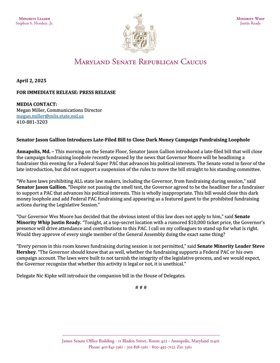 Maryland Senate Republicans (@mdsenategop) on Twitter photo This morning on the Floor, <a href="/SenatorGallion/">Jason Gallion</a> introduced a late-filed bill that will close the campaign fundraising loophole recently exposed by the news that Governor Moore will be headlining a fundraiser this evening for a Federal Super PAC that advances his political interests. This morning on the Floor, <a href="/SenatorGallion/">Jason Gallion</a> introduced a late-filed bill that will close the campaign fundraising loophole recently exposed by the news that Governor Moore will be headlining a fundraiser this evening for a Federal Super PAC that advances his political interests.