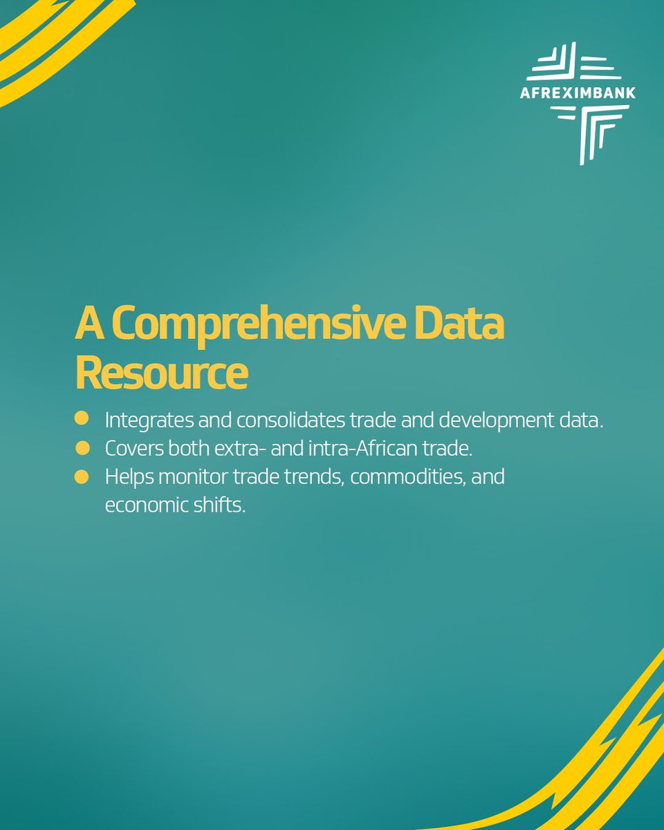 afreximbank's tweet photo. Unlock Africa’s Trade & Economic Insights with ATDI!

@AfreximResearch introduces the Afreximbank Trade and Development Indicators (ATDI)—a game-changing data repository designed to bridge Africa’s trade and economic data gap.

🔎 Gain real-time insights into intra- and extra-African trade
📊 Access high-quality, structured, and reliable trade data
💡 Empower businesses, policymakers, and researchers with strategic intelligence

Make informed decisions with the most comprehensive trade data on Africa.

Register now: [https://t.co/GkDZLkiBQX]

#Afreximbank #ATDI #TradeData #AfricaTrade #IntraAfricanTrade