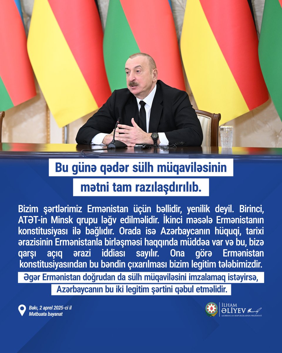 Prezident İlham Əliyev: "Bizim şərtlərimiz Ermənistan üçün bəllidir, yenilik deyil".