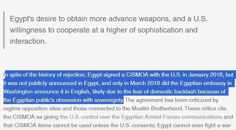 القاهرة بل مصر كلها عبارة عن قاعدة امريكية 

ففي يناير 2018، وقّعت مصر على اتفاقية CISMOA مع أمريكا، (لم يتم الإعلان عنها رسميًا في مصر)

وأعلنت السفارة المصرية في واشنطن عن الاتفاقية باللغة الإنجليزية فقط في مارس 2018.

وهي اتفاقية تسمح للأمريكان باستخدام القواعد والمطارات