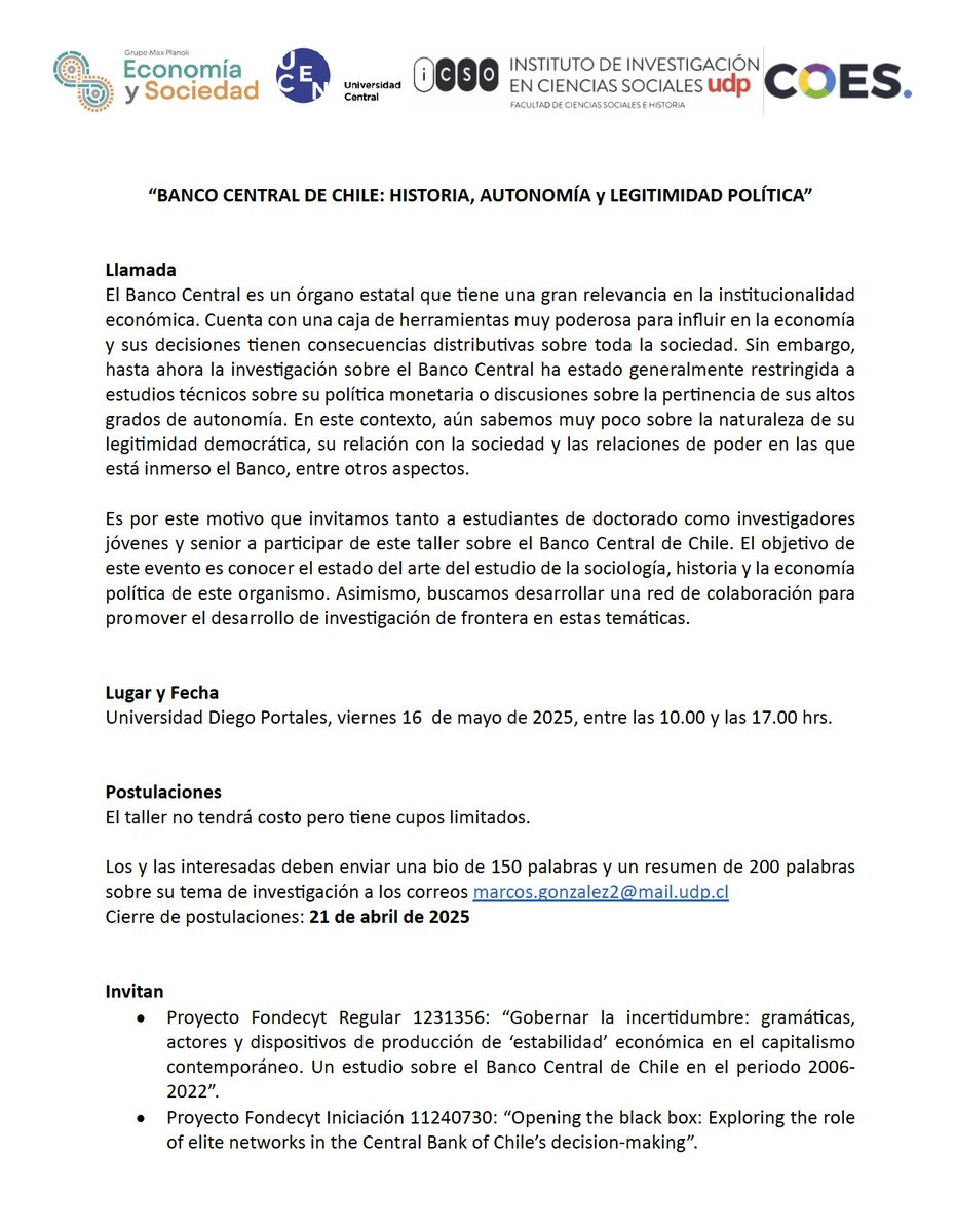 Les dejo esta convocatoria para un taller sobre Bancos Centrales que estamos organizando entre la UDP y la UCEN. Si trabajan (o conocen a alguien que lo haga) sobre el tema l@s invitamos a lo que de seguro va a ser un taller fascinante! Postulaciones hasta el 21/04