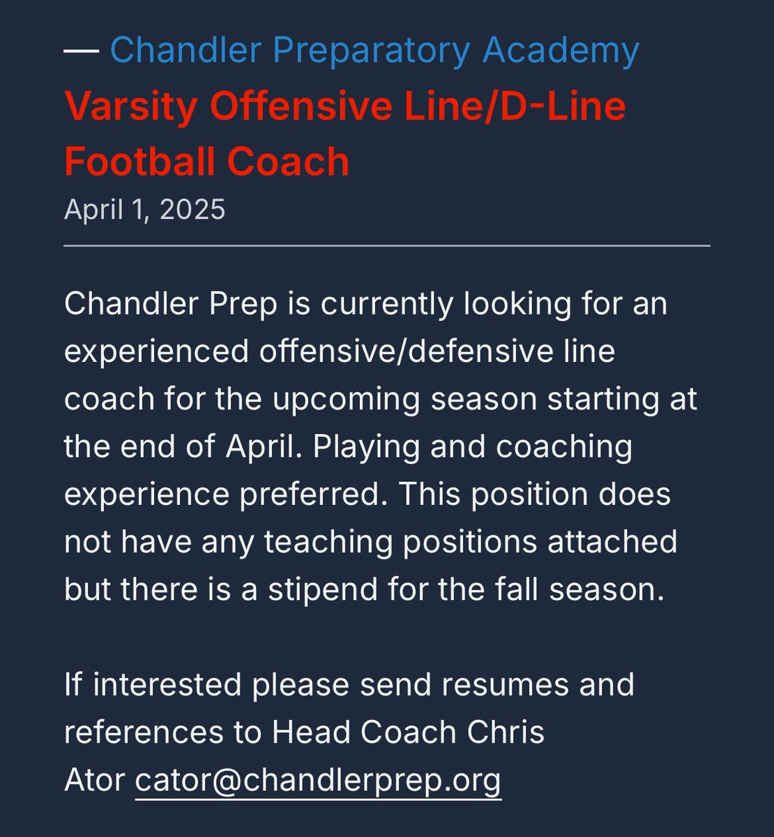 Chandler Prep Titan Football (@chandlerprep_fb) on Twitter photo We’re looking for an OL/DL coach for the upcoming season. If interested please email or DM Coach Ator <a href="/coach_ator/">Chris Ator</a> We’re looking for an OL/DL coach for the upcoming season. If interested please email or DM Coach Ator <a href="/coach_ator/">Chris Ator</a>