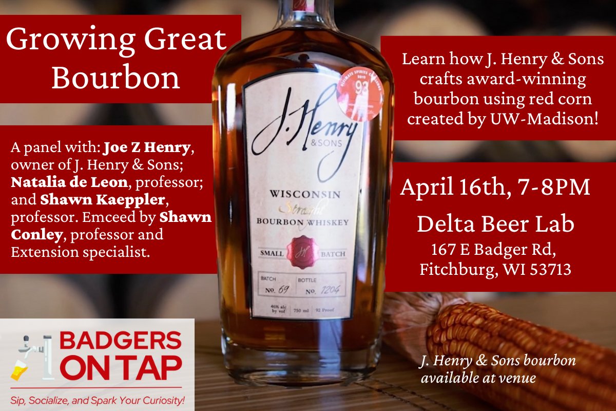 UW Plant and Agroecosystem Sciences (@uwmadisonpas) on Twitter photo Are you interested in learning how high-quality bourbon is crafted? Join us April 16 from 7-8PM at <a href="/deltabeerlab/">Delta Beer Lab</a> for "Growing Great Bourbon"!
Attendees can grab drinks and enjoy fun games like bingo or trivia during the panel discussion!
Event invite: today.wisc.edu/events/view/20… Are you interested in learning how high-quality bourbon is crafted? Join us April 16 from 7-8PM at <a href="/deltabeerlab/">Delta Beer Lab</a> for "Growing Great Bourbon"!
Attendees can grab drinks and enjoy fun games like bingo or trivia during the panel discussion!
Event invite: today.wisc.edu/events/view/20…