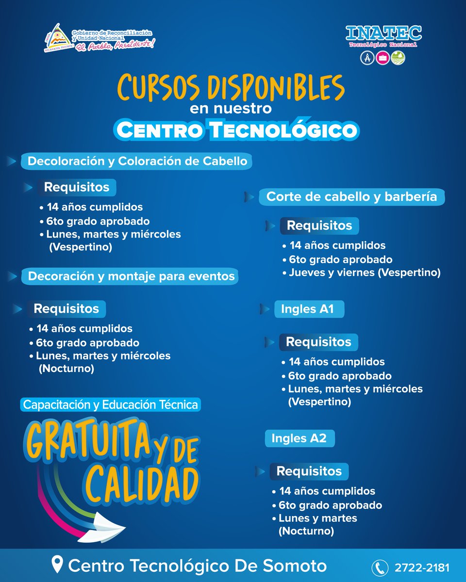¡𝗖𝘂𝗿𝘀𝗼𝘀 𝗗𝗶𝘀𝗽𝗼𝗻𝗶𝗯𝗹𝗲𝘀! 🔰 Te presentamos los cursos que tenemos disponibles en nuestro Centro Tecnológico, para este próximo trimestre. #SoyTecNicaragua 🤩