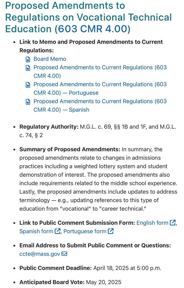 I just submitted this letter to DESE opposing their misguided changes to vocational school regulations which would replace merit-based admissions with a lottery.

The public comment period is now OPEN until April 18 at 5:00 PM.

Submit your comments here: doe.mass.edu/bese/regs-comm…\