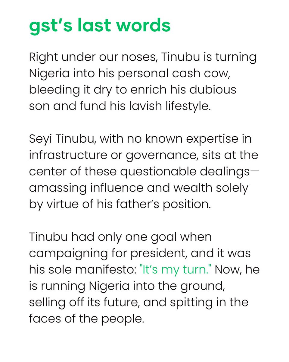 wearegst's tweet image. No public bidding, no transparency, just Tinubu’s son and his billionaire friends raking in our money.