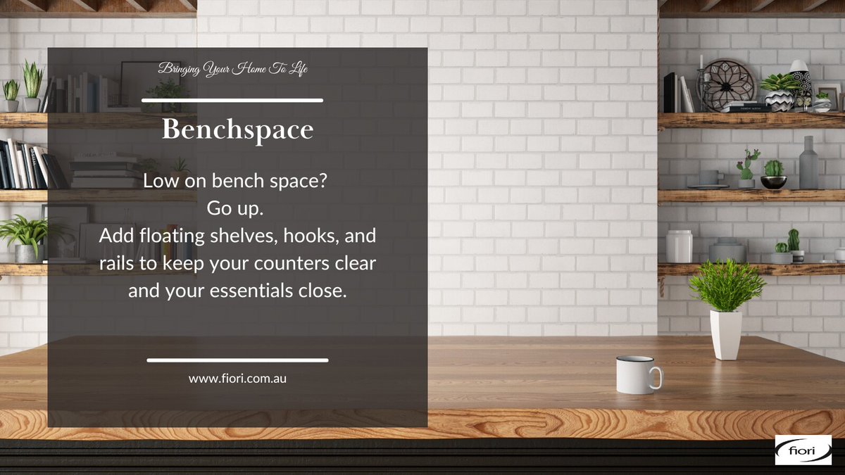 Fiori_aus's tweet image. Maximise Space With Vertical Storage
Low on bench space? Go up. 
Add floating shelves, hooks, and rails to keep your counters clear and your essentials close. Vertical storage is your best friend in small kitchens. 
#SmallKitchenSolutions #VerticalStorage #KitchenStorageIdeas