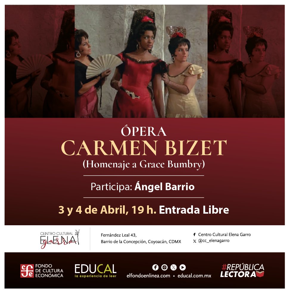 Acompaña a Ángel Barrio este 3 y 4 de abril a las 19 horas en su recital de ópera "Carmen Bizet", homenaje a Grace Bumbry. 🪭

No te lo puedes perder, entrada libre.
#RepúblicaLectora