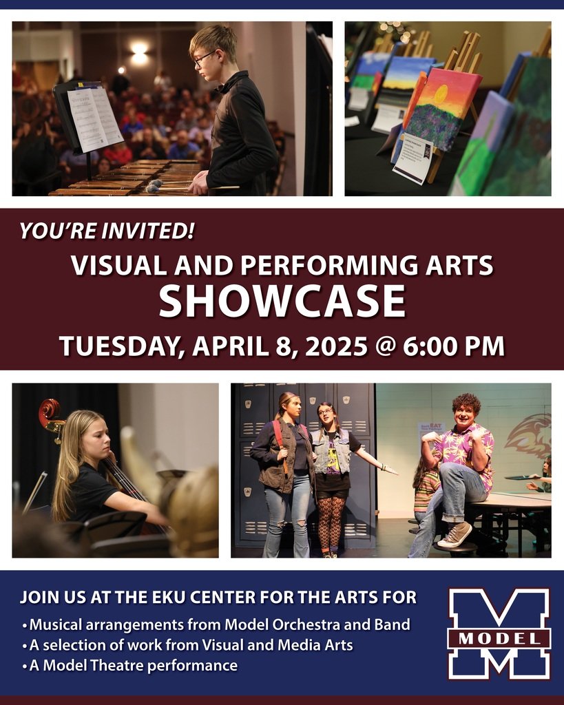 Join us for Model's Visual and Performing Arts Showcase on Tuesday, April 8, 2025, at 6:00 p.m. at the EKU Center for the Arts! 🎭🎨🖼️🎻🎶🎺🎬