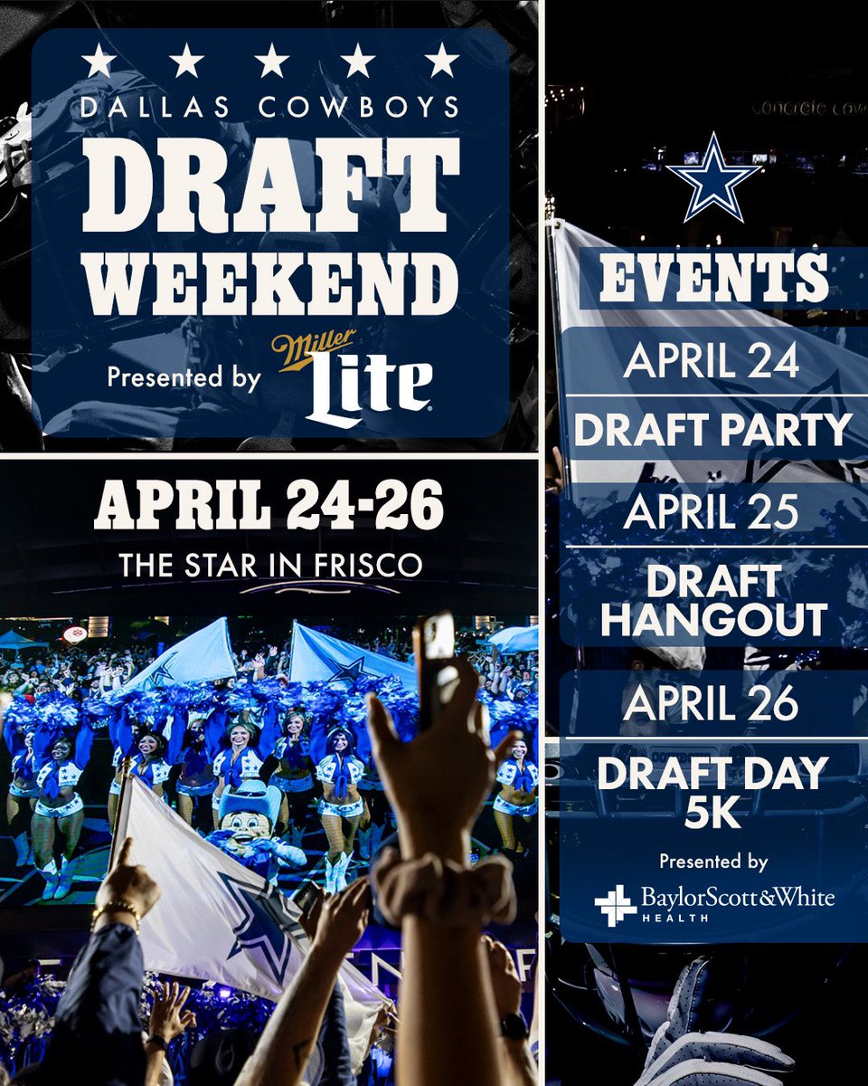 The Star In Frisco (@thestarinfrisco) on Twitter photo See y'all April 24-26th at The Star! ⭐
4/24: #CowboysDraft Party presented by <a href="/MillerLite/">Miller Lite</a>
4/25: Draft Hangout
4/26: Draft Day 5K presented by <a href="/bswhealth/">Baylor Scott & White Health</a>
Learn More ➡️ dallascowboys.com/draft See y'all April 24-26th at The Star! ⭐
4/24: #CowboysDraft Party presented by <a href="/MillerLite/">Miller Lite</a>
4/25: Draft Hangout
4/26: Draft Day 5K presented by <a href="/bswhealth/">Baylor Scott & White Health</a>
Learn More ➡️ dallascowboys.com/draft