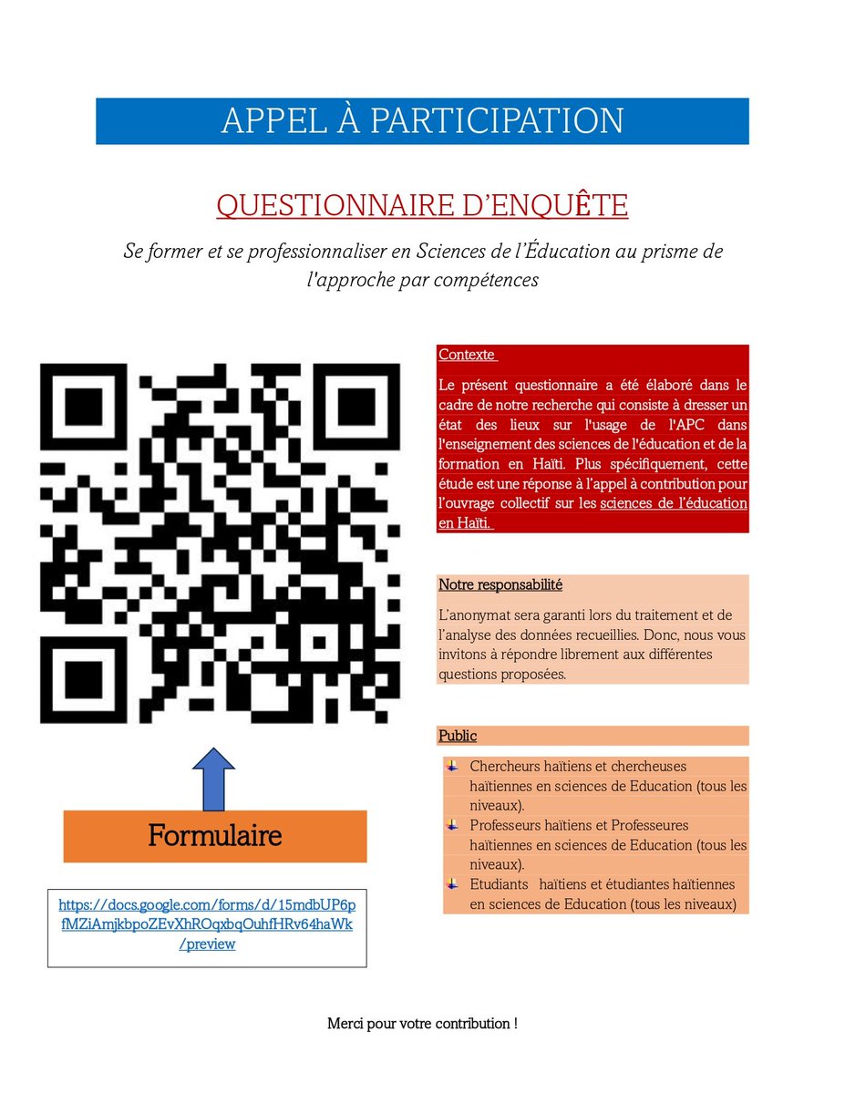 Cher réseau,

Enquête sur l'APC dans l'enseignement des sciences de l'éducation en Haïti.
Remplir le formulaire ici. 
👇👇👇👇👇
docs.google.com/forms/d/15mdbU…

Merci beaucoup