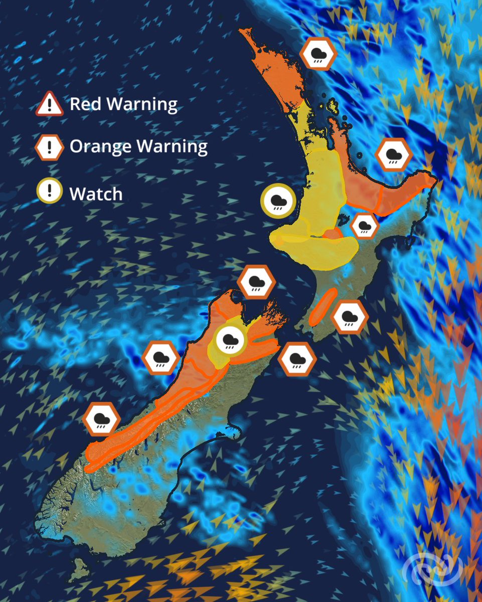 ⚠️Severe weather watches and warnings updates⚠️

A few regions across the North Island have been upgraded to orange warnings.

Check out a detailed forecast for your area at bit.ly/AllWarnings