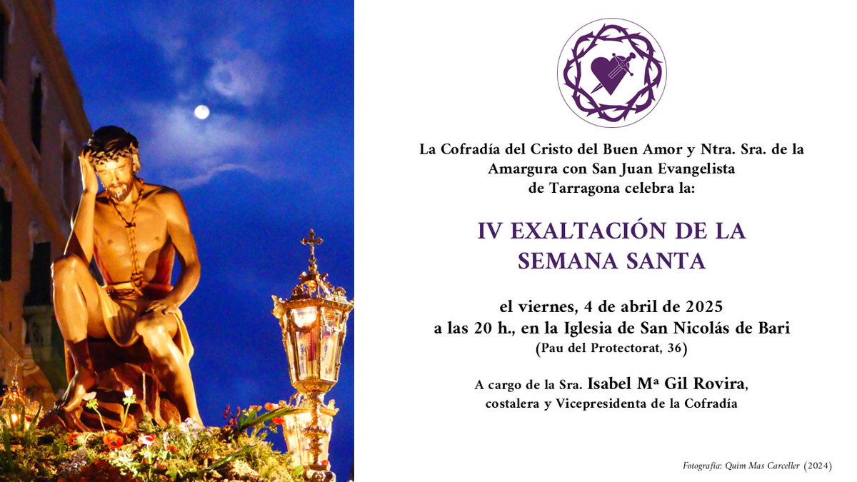 IV Exaltació de la Setmana Santa de la Confraria del Cristo del Buen Amor aquest divendres 4 d'abril

&gt;Més detalls: tgnbarridelport.blogspot.com/2025/04/iv-exa…