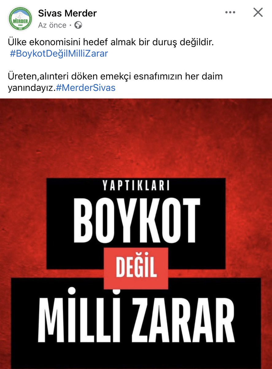 Ülke ekonomisini hedef almak bir duruş değildir.
 #BoykotDeğilMilliZarar

Üreten,alınteri döken emekçi esnafımızın her daim yanındayız.#MerderSivas