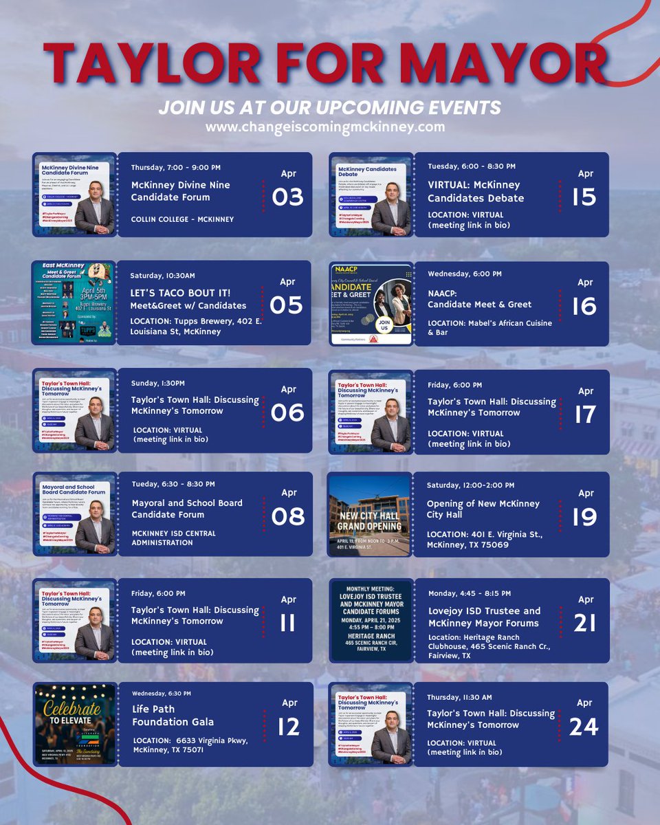 changeiscomingm's tweet image. Join us at these upcoming events featuring Taylor, candidate for McKinney Mayor! 🎉 

Come, be informed, ask questions, and be part of shaping McKinney&apos;s tomorrow. 

Your voice matters! See you there! 

#TaylorForMcKinney 
#EngageAndInform 
#McKinneyMayor