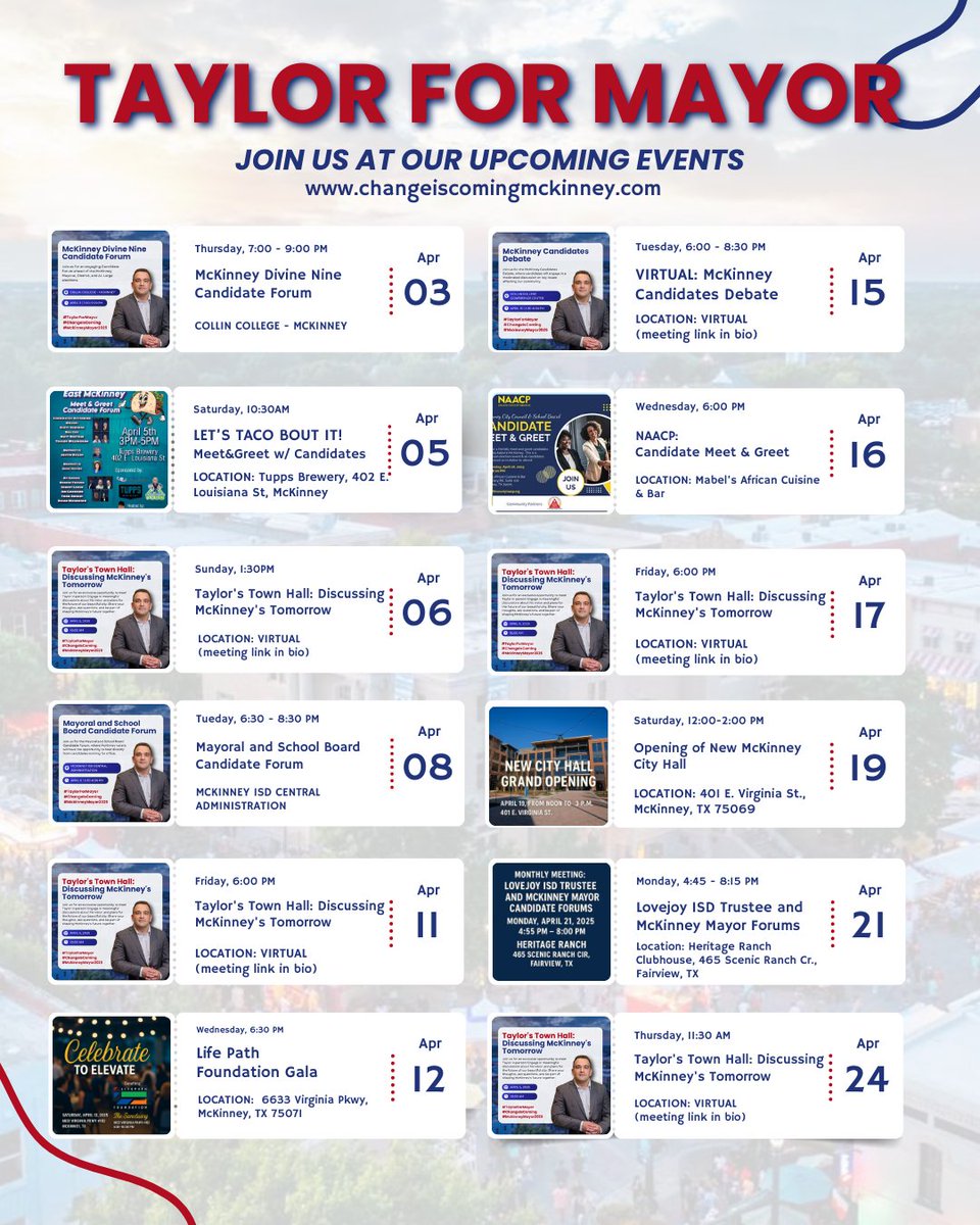 changeiscomingm's tweet image. Join us at these upcoming events featuring Taylor, candidate for McKinney Mayor! 🎉 

Come, be informed, ask questions, and be part of shaping McKinney&apos;s tomorrow. 

Your voice matters! See you there! 

#TaylorForMcKinney 
#EngageAndInform 
#McKinneyMayor
