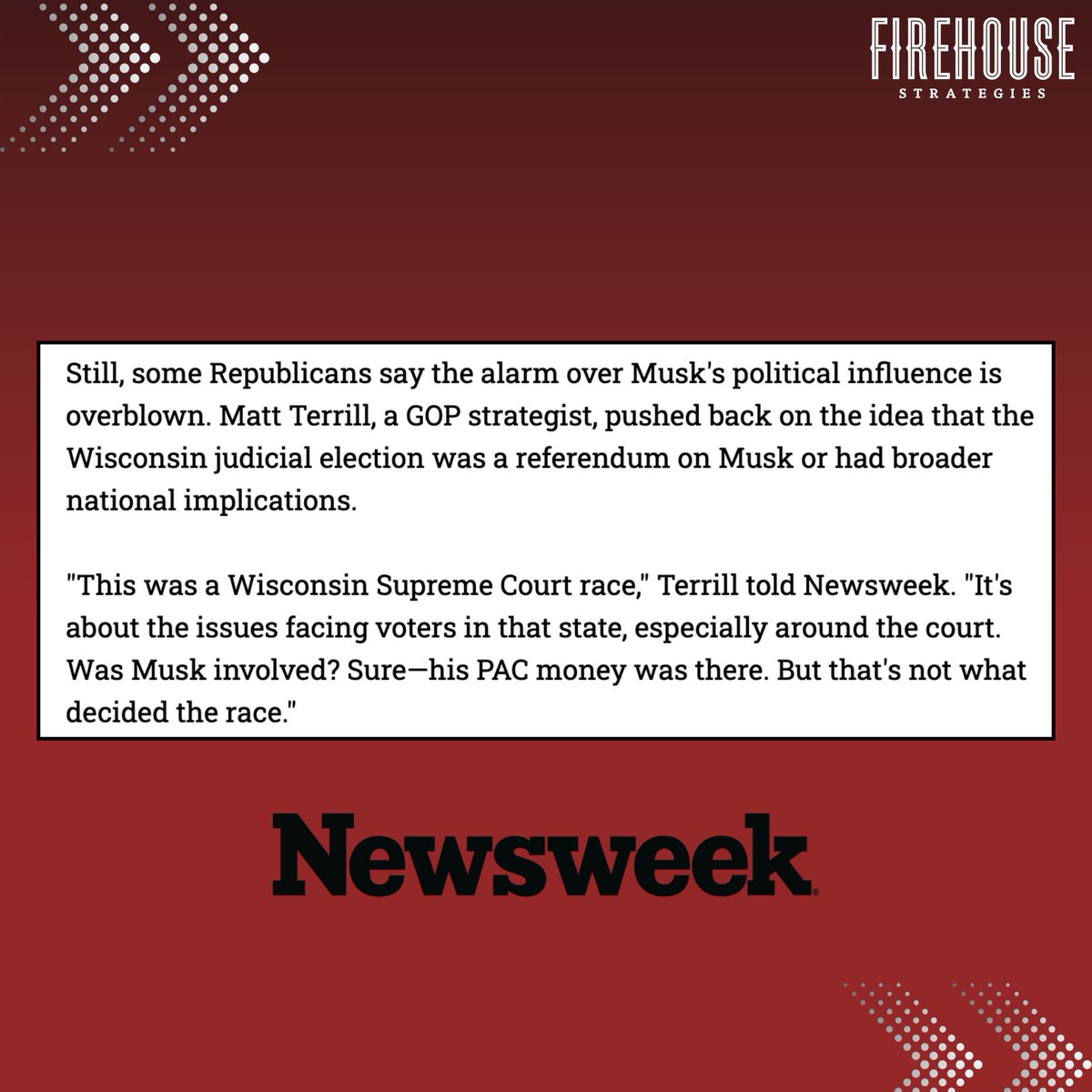 Firehouse Managing Partner Matt Terrill (<a href="/terrillmt/">Matt Terrill</a>) spoke with <a href="/Newsweek/">Newsweek</a> about Elon Musks’ political influence in the Wisconsin judicial election.

Read more: bit.ly/3FNn8j1