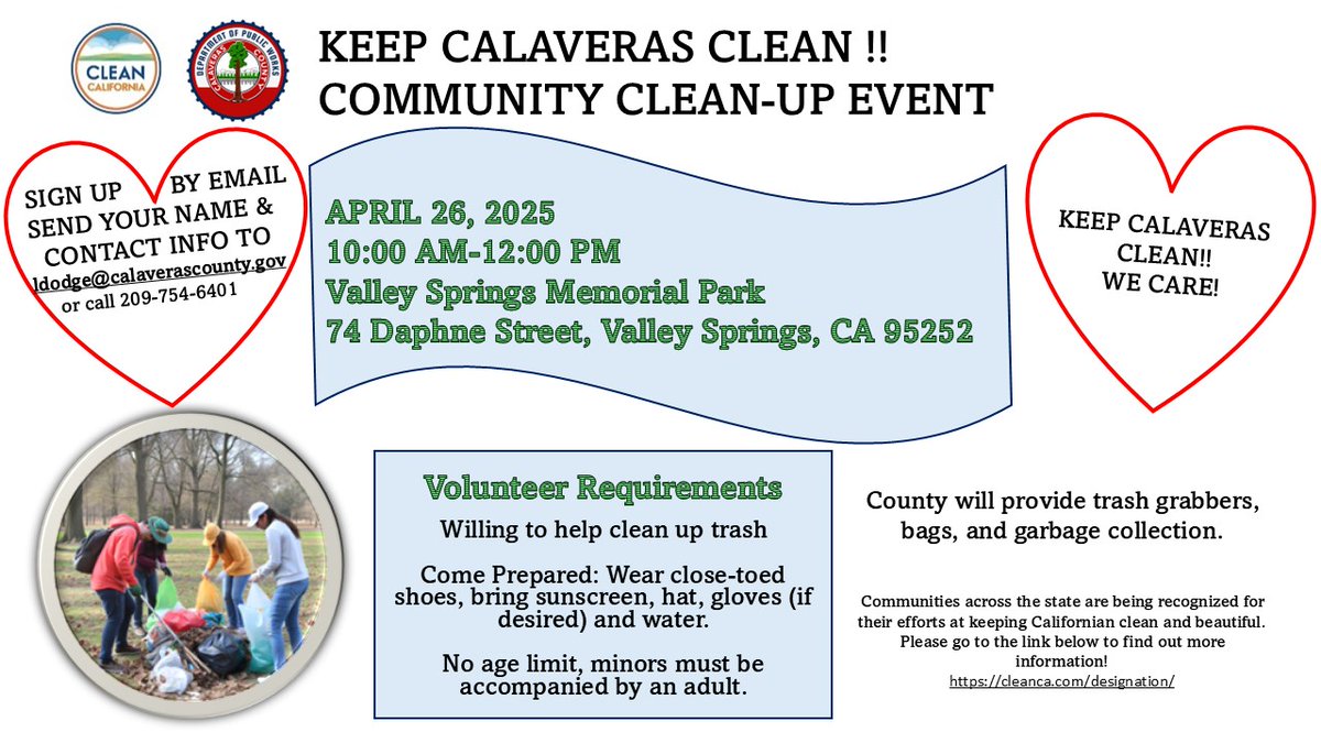 CaltransDist10's tweet photo. Thanks Calaveras County for your participation in #CleanCACommunityDays with a cleanup event in #ValleySprings on April 26. #CleanCA https://t.co/hEqox0bUyL