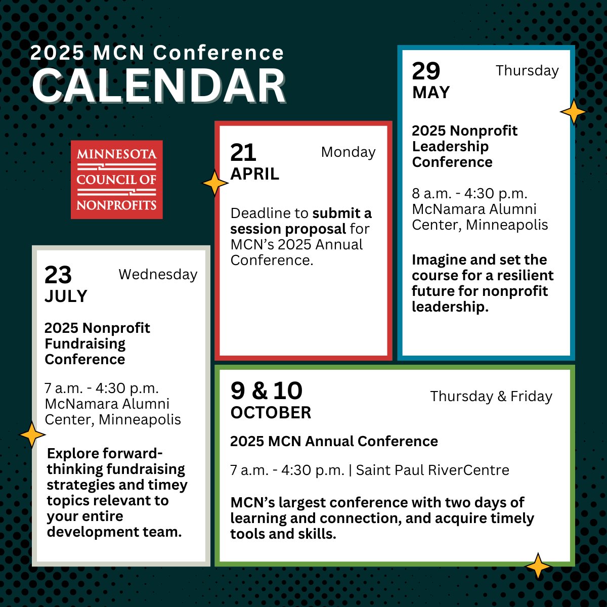 Minnesota Council of Nonprofits (@smartnonprofits) on Twitter photo Secure your spot at our upcoming #nonprofit conferences!
5/29 Nonprofit Leadership Conference: minnesotanonprofits.org/events/confere… (Member Early Bird rates end 4/3)
7/23 Nonprofit Fundraising Conference: minnesotanonprofits.org/events/confere…
10/9 - 10 MCN 2025 Annual Conference: minnesotanonprofits.org/events/confere… Secure your spot at our upcoming #nonprofit conferences!
5/29 Nonprofit Leadership Conference: minnesotanonprofits.org/events/confere… (Member Early Bird rates end 4/3)
7/23 Nonprofit Fundraising Conference: minnesotanonprofits.org/events/confere…
10/9 - 10 MCN 2025 Annual Conference: minnesotanonprofits.org/events/confere…