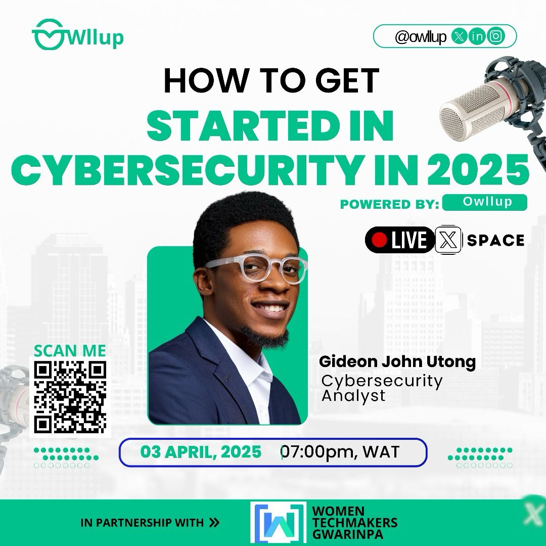 Do you want to break into #Cybersecurity in 2025? 

Join us for an exclusive X Space with cybersecurity analyst Gideon John Utong! 

📅 Date: Thursday, April 3, 2025
⏰ Time: 7:00 PM WAT
🎙 Live on X Space

Set your reminder! x.com/i/spaces/1kvJp…

#Owllup #CybersecurityCareers