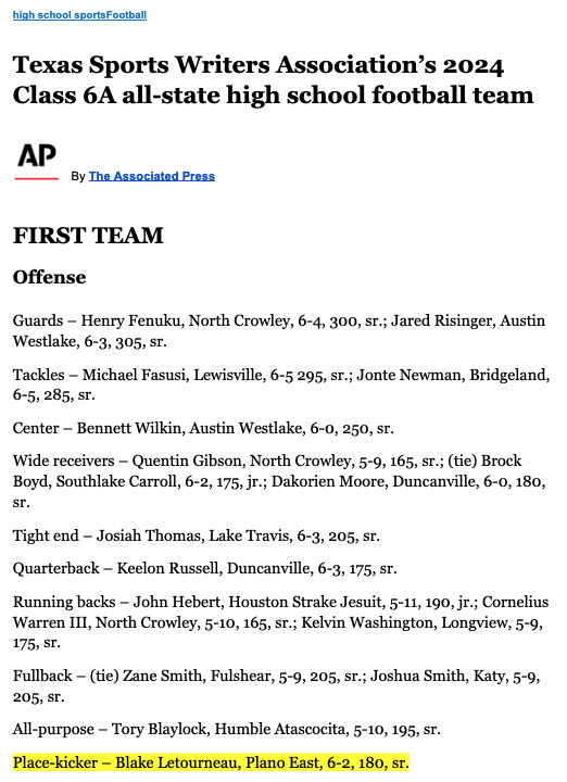 From earlier in the year 
1st Team All State 6A Texas Football