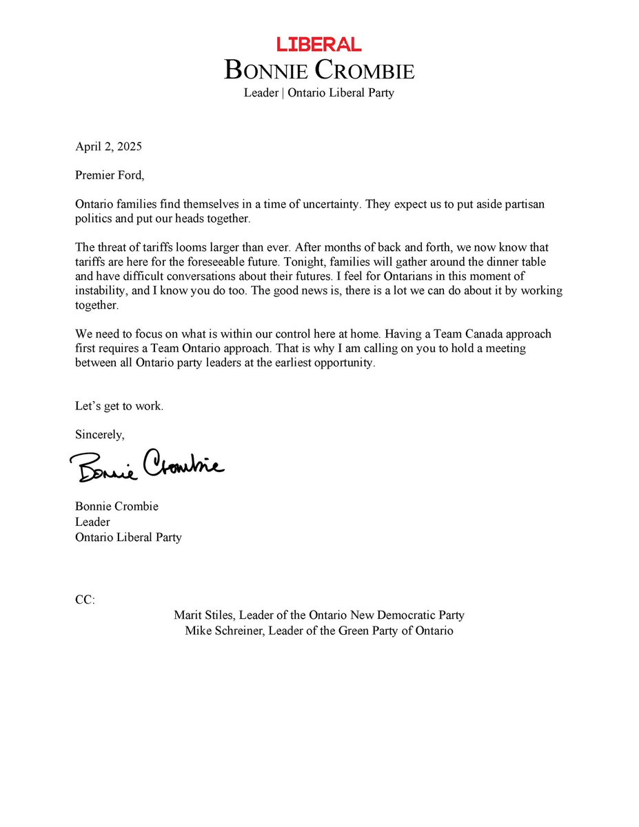 Now is a time of great uncertainty for Ontario families, and tonight, many of them will be having tough conversations around the dinner table. We must put aside partisan politics, work together, and focus on what is within our control here at home. 

That is why I am calling on
