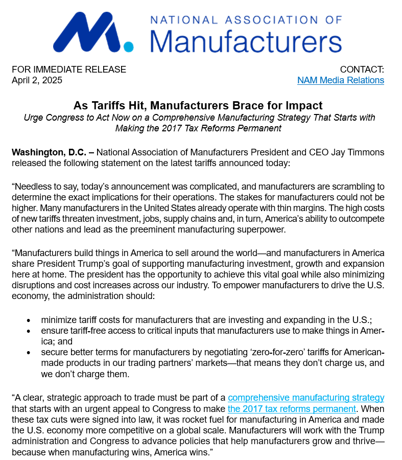 The NAM (@shopfloornam) on Twitter photo NAM President and CEO <a href="/JayTimmonsNAM/">Jay Timmons</a> released the following statement on the latest tariffs announced today: NAM President and CEO <a href="/JayTimmonsNAM/">Jay Timmons</a> released the following statement on the latest tariffs announced today: