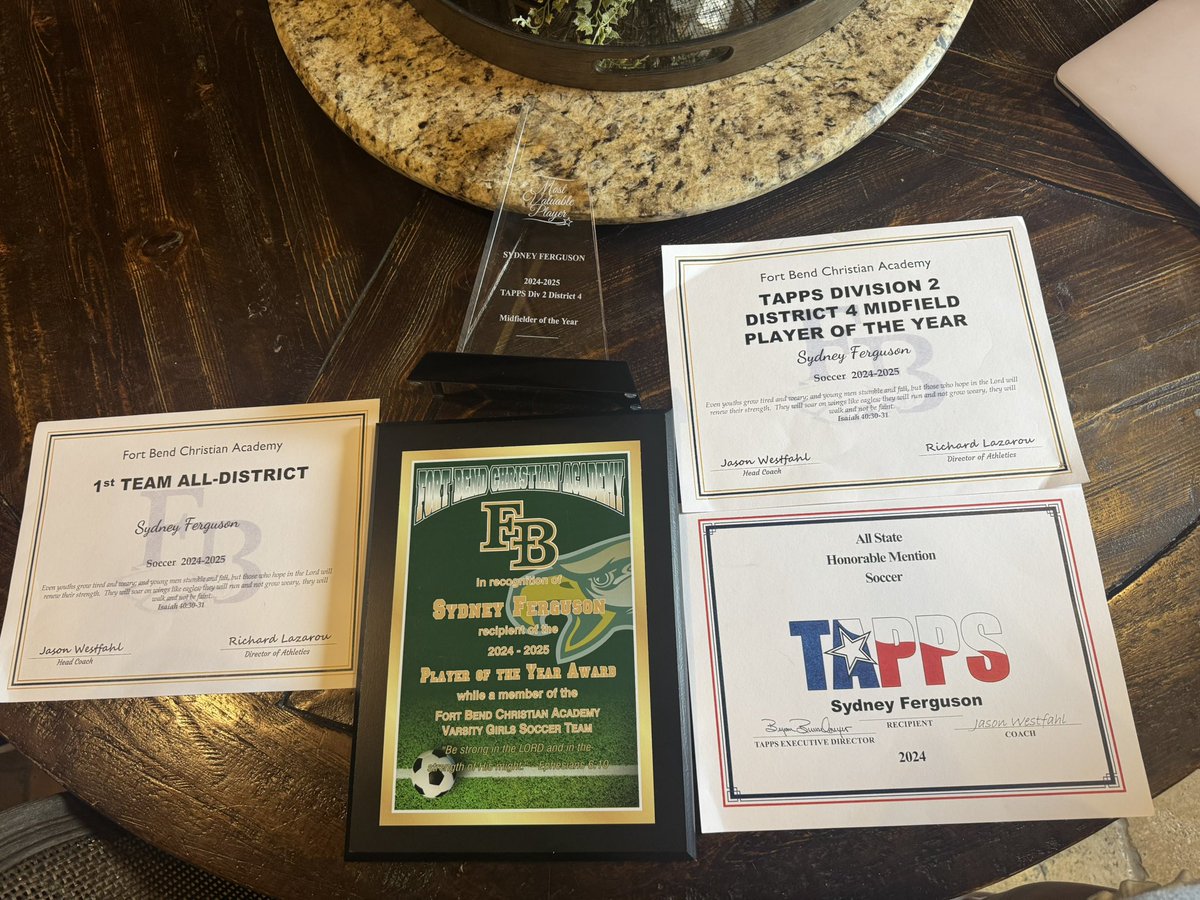 Sydney Ferguson (@sydsoccer2007) on Twitter photo Thank you FBCA and TAPPS for these amazing awards!! I recieved first team all district, TAPPS midfielder player of the year, all state honorable mention, and FBCA player of the year. Thanks for a great 4 years and I can’t wait for the next 4!!
<a href="/FBCAathletics/">Fort Bend Christian Academy Athletics</a>
<a href="/USTWSoccer/">UST Women's Soccer</a> Thank you FBCA and TAPPS for these amazing awards!! I recieved first team all district, TAPPS midfielder player of the year, all state honorable mention, and FBCA player of the year. Thanks for a great 4 years and I can’t wait for the next 4!!
<a href="/FBCAathletics/">Fort Bend Christian Academy Athletics</a>
<a href="/USTWSoccer/">UST Women's Soccer</a>