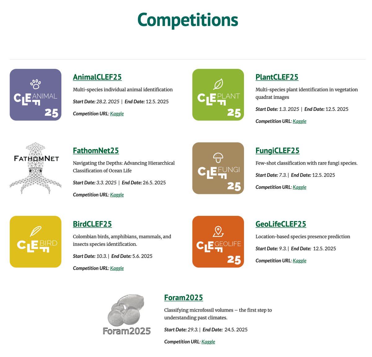 Looking for a challenge? Along with FGVC12 at #CVPR2025,  multiple fine-grained computer vision competitions have been launched.  These well-curated datasets allow you to leverage your AI skills to  boost applications with impact!  Let's go: sites.google.com/view/fgvc12/co…
<a href="/CVPR/">#CVPR2025</a> <a href="/kaggle/">Kaggle</a>