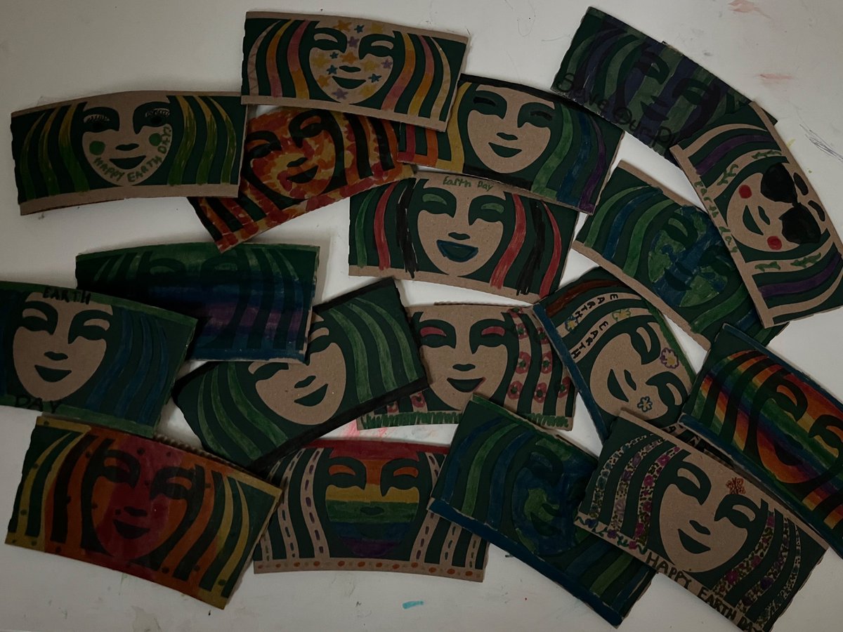 Sixth graders decorated coffee sleeves for Earth Day. Thank you <a href="/Starbucks/">Starbucks</a> !