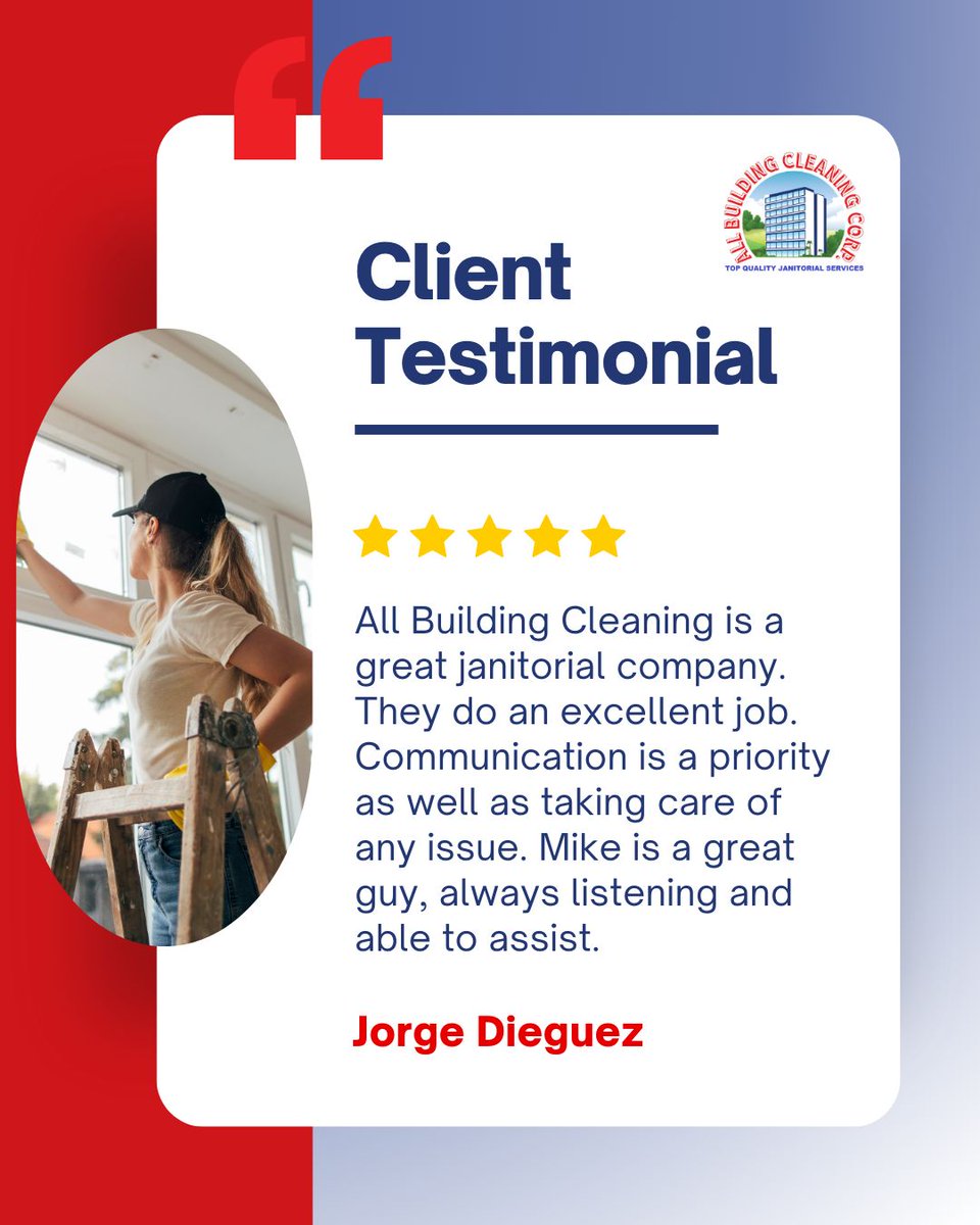Experience the difference with our 5-star janitorial services today! Contact us for a spotless workspace. 📞

#thankyou #fivestar #cleaningservices #satisfaction #customerservice 

allbuildingcleaningcorp.com