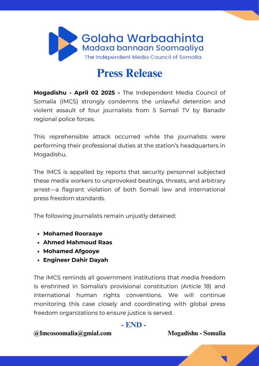 Five Somali TV (5TV) (@fivesomalitv) on Twitter photo The Independent Media Council of #Somalia condemns the unlawful detention and violent assault of four journalists from <a href="/FiveSomalitv/">Five Somali TV (5TV)</a> by Banadir Regional Police Forces. <a href="/hrw/">Human Rights Watch</a> <a href="/UNHumanRights/">UN Human Rights</a> <a href="/CPJAfrica/">CPJ Africa</a> <a href="/pressfreedom/">Committee to Protect Journalists</a> <a href="/gijn/">Global Investigative Journalism Network</a> <a href="/UNSomalia/">UNSOM</a> <a href="/US2SOMALIA/">U.S. Embassy Mogadishu, Somalia</a> The Independent Media Council of #Somalia condemns the unlawful detention and violent assault of four journalists from <a href="/FiveSomalitv/">Five Somali TV (5TV)</a> by Banadir Regional Police Forces. <a href="/hrw/">Human Rights Watch</a> <a href="/UNHumanRights/">UN Human Rights</a> <a href="/CPJAfrica/">CPJ Africa</a> <a href="/pressfreedom/">Committee to Protect Journalists</a> <a href="/gijn/">Global Investigative Journalism Network</a> <a href="/UNSomalia/">UNSOM</a> <a href="/US2SOMALIA/">U.S. Embassy Mogadishu, Somalia</a>