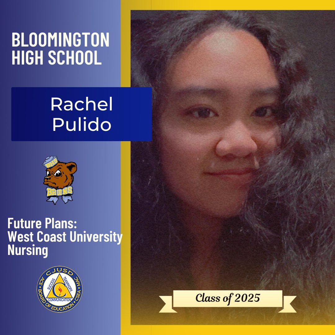ColtonJUSD's tweet photo. Congrats to Bloomington High School senior Rachel Pulido, who plans to attend West Coast University for a Bachelor’s Degree in Nursing! We wish you all the best! #CJUSDCares  #BHS #BHSForSuccess #CJUSD
Seniors: to be featured here, visit  https://t.co/CHG7ApHJrZ https://t.co/6C10gQf9az