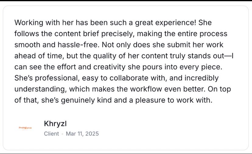 RegineRewrites's tweet photo. Receiving positive reviews from happy clients after taking the time to understand their content needs is incredibly rewarding! ✨ https://t.co/owbwwW9MRx
