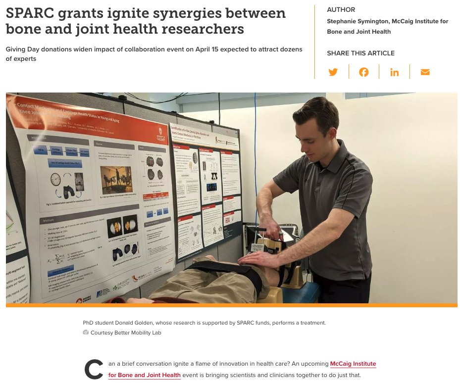 Better Mobility Lab (@mobilitybetter) on Twitter photo Thanks to the SPARC event funded by the <a href="/McCaigInstitute/">McCaig Institute</a> , Drs. Ranita Manocha, MD and David Hart, PhD discovered their shared research interests.
Click the link to learn more about the impact of the SPARC grant in bone and joint research.
ucalgary.ca/news/sparc-gra⦠Thanks to the SPARC event funded by the <a href="/McCaigInstitute/">McCaig Institute</a> , Drs. Ranita Manocha, MD and David Hart, PhD discovered their shared research interests.
Click the link to learn more about the impact of the SPARC grant in bone and joint research.
ucalgary.ca/news/sparc-graā¦