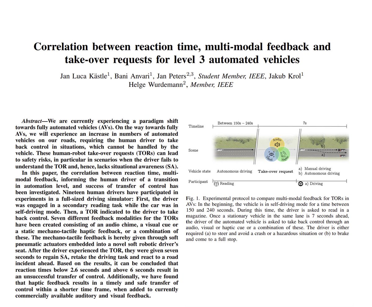 Bani Anvari (@banianvari) on Twitter photo Excited to share our paper "Correlation btw reaction time, multi-modal feedback and take-over requests for level 3 #AVs" has been accepted in the <a href="/IEEEorg/">IEEE</a> #ToH! Congrats to <a href="/JanLucaKaestle/">Jan Luca Kästle</a>, Jan Peters, <a href="/JakubKrol5/">Jakub Krol</a> & <a href="/H_Wurdemann/">Helge Wurdemann</a>.
📄 Read our paper here: ieeexplore.ieee.org/document/10946… Excited to share our paper "Correlation btw reaction time, multi-modal feedback and take-over requests for level 3 #AVs" has been accepted in the <a href="/IEEEorg/">IEEE</a> #ToH! Congrats to <a href="/JanLucaKaestle/">Jan Luca Kästle</a>, Jan Peters, <a href="/JakubKrol5/">Jakub Krol</a> & <a href="/H_Wurdemann/">Helge Wurdemann</a>.
📄 Read our paper here: ieeexplore.ieee.org/document/10946…