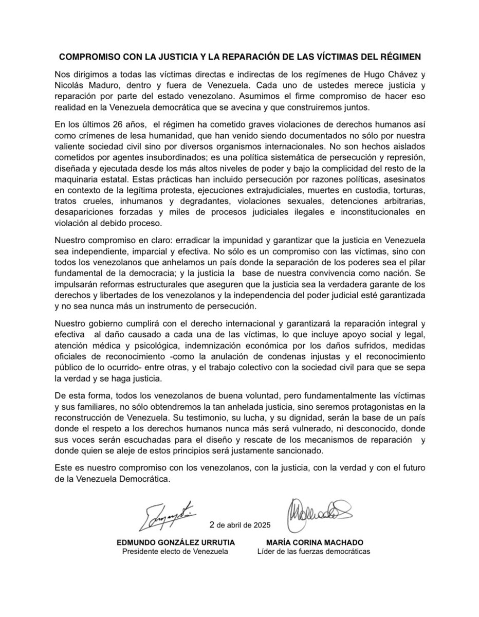 A todas las víctimas de los regímenes de Chávez y Maduro, dentro y fuera de Venezuela, y a sus familias: 

Nos comprometemos a hacer justicia, a erradicar la impunidad y a construir un sistema en el que la verdad y la reparación sean innegociables. 

No están solos: su dolor es