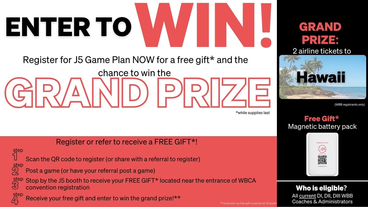 J5 Inc (@j5_inc) on Twitter photo **GIVEAWAY** 
Register NOW for FREE for your chance to win! 
All current DI, DII, and DIII WBB coaches and administrators are eligible to receive the free gift. 
Winner will be announced Saturday, April 5th. 
REGISTER NOW! J5GAMEPLAN.COM **GIVEAWAY** 
Register NOW for FREE for your chance to win! 
All current DI, DII, and DIII WBB coaches and administrators are eligible to receive the free gift. 
Winner will be announced Saturday, April 5th. 
REGISTER NOW! J5GAMEPLAN.COM