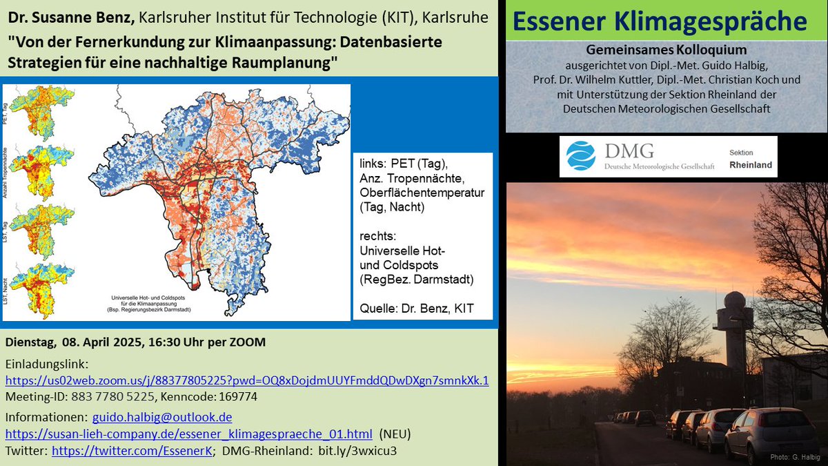 Einladung Essener Klimagespräche (#EKG) | 08. April, 16:30 Uhr (online) |  Dr. Susanne Benz, Karlsruher Institut für Technologie (#KIT), Karlsruhe: "Von der #Fernerkundung zur #Klimaanpassung: Datenbasierte Strategien für eine nachhaltige #Raumplanung"  | Zoom-Link: -&gt; Flyer,