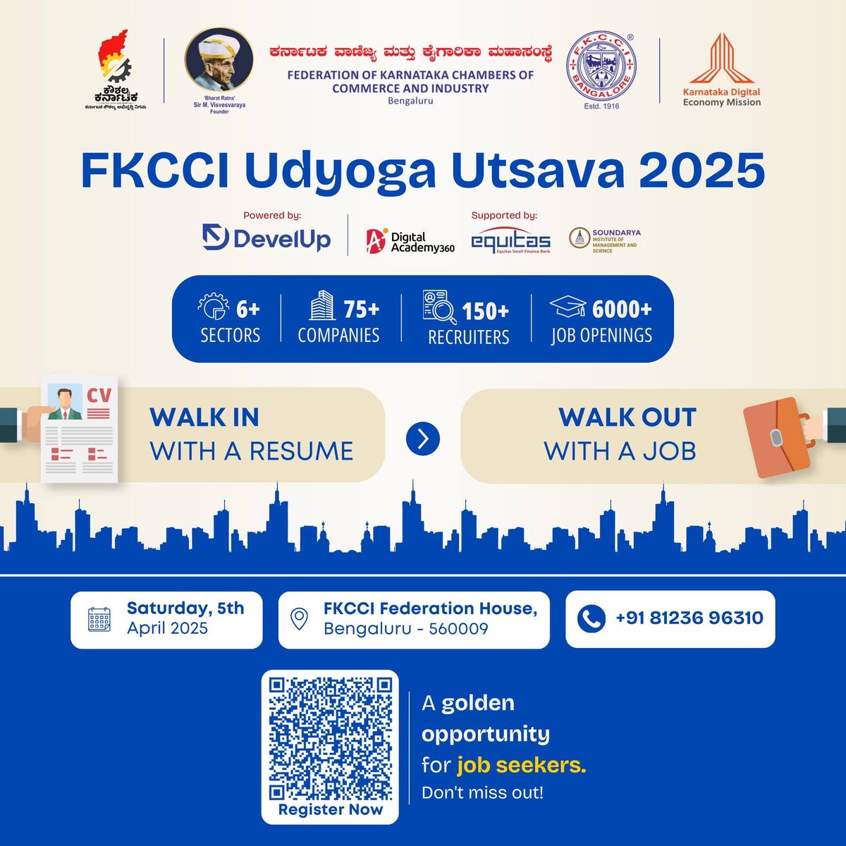 ಕರ್ನಾಟಕ ವಾಣಿಜ್ಯ ಮತ್ತು ಕೈಗಾರಿಕಾ ಮಹಾಸಂಸ್ಥೆ(FKCCI) ವತಿಯಿಂದ ʻಉದ್ಯೋಗ ಉತ್ಸವ-2025ʼ ಕಾರ್ಯಕ್ರವನ್ನು ಆಯೋಜಿಸಲಾಗಿದೆ. 
 #JobFair #CareerOpportunities #EmploymentDrive #SkillDevelopment #BangaloreJobs #JobSeekers #FutureReady #WorkOpportunities <a href="/FKCCI_Karnataka/">FKCCI</a>